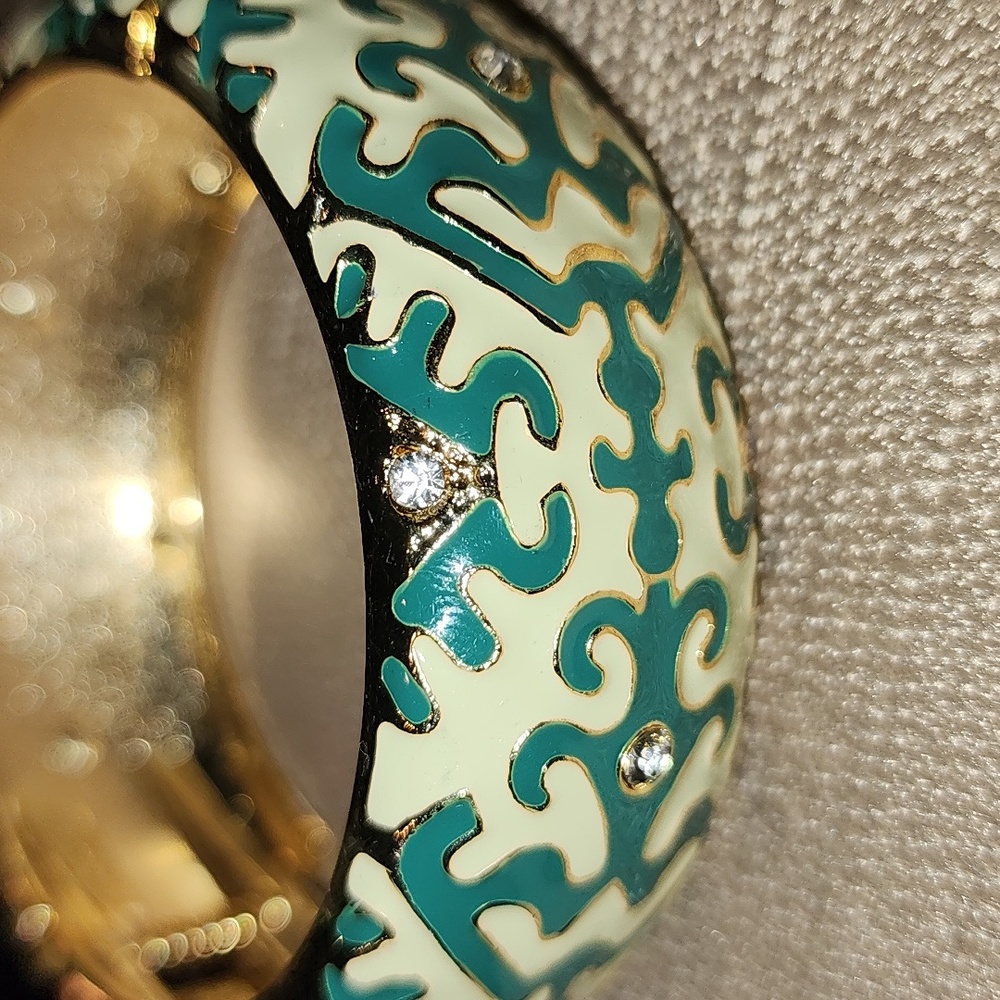 New Sequin Green & Gold-Tone Bangle w/ Crystals, NWOT
